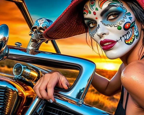 Woman with Sugar Skull Makeup by Vintage Car at Sunset