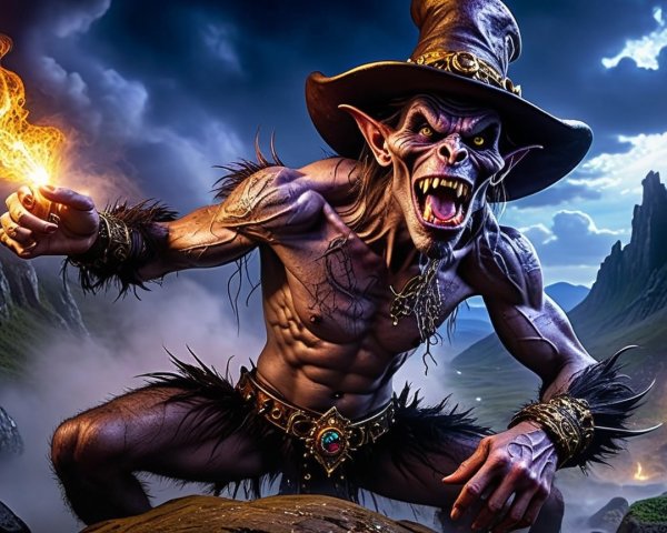Muscular Goblin with Flame on Rocky Outcrop