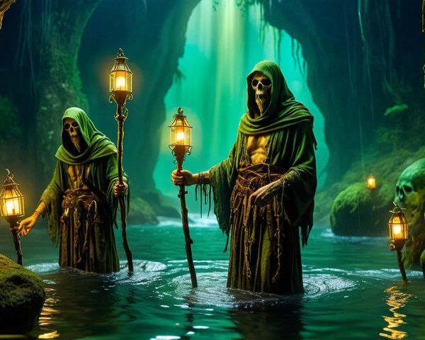 Hooded Figures in Mystical Cavern with Lanterns