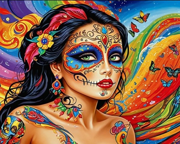 Vibrant Portrait of Woman with Sugar Skull Makeup
