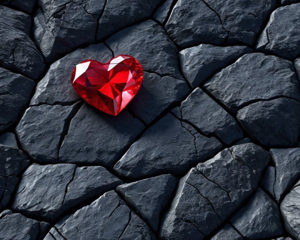 Heart-Shaped Red Gem on Dark Cracked Stone Background