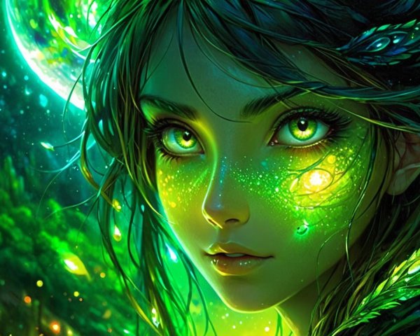Fantasy Portrait of a Girl with Green Eyes and Glow