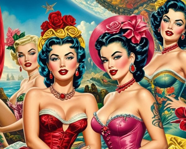 Vibrant Retro Scene with Glamorous Women in Vintage Outfits