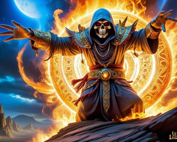 Mysterious Figure in Dark Robes with Fiery Backdrop