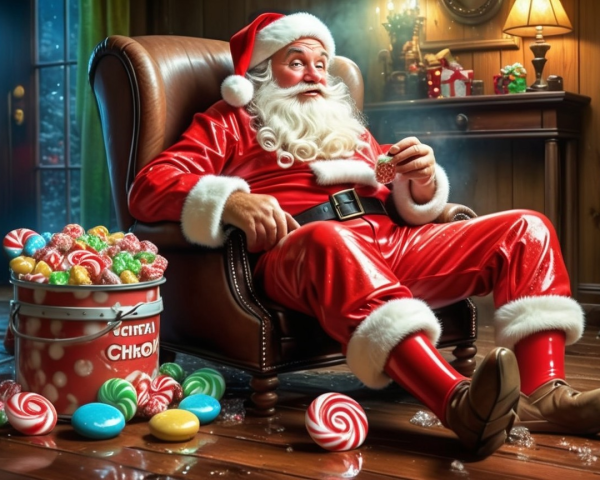 Santa Claus in a red suit sitting in a leather armchair