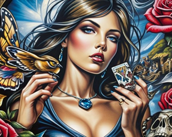 Woman with Dark Hair, Playing Card, and Roses