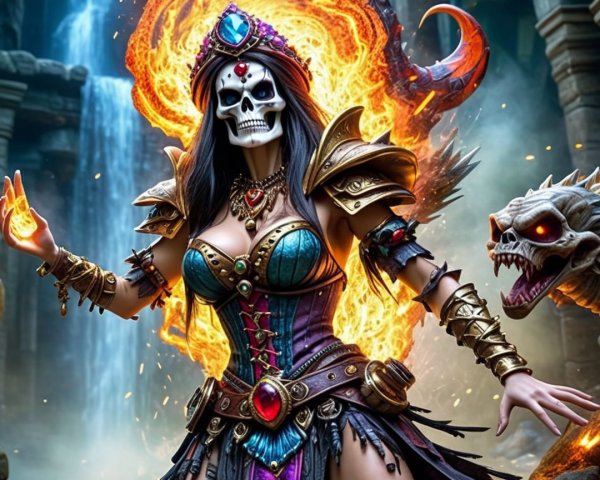 Fierce Female Warrior in Intricate Armor and Magic