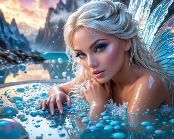 Blonde Fairy in Blue Wings by Mountain Pool at Sunset