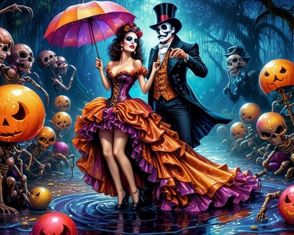 Whimsical Halloween Scene with Dancing Skeletons and Gown