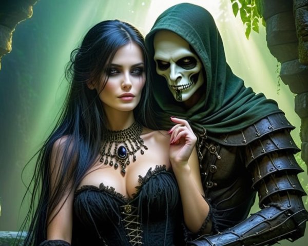 Mystical Scene with Corseted Woman and Cloaked Figure