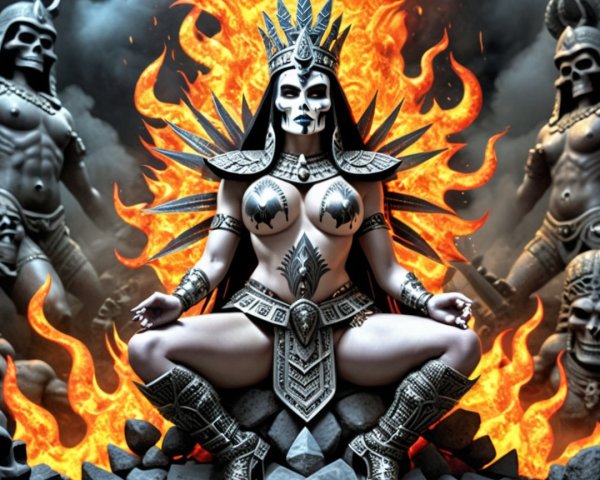 Powerful figure on stone throne with tribal tattoos