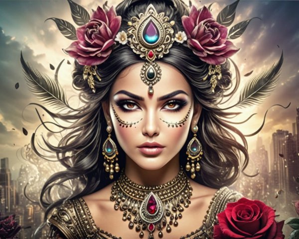 Portrait of a woman with jewelry and decorative art