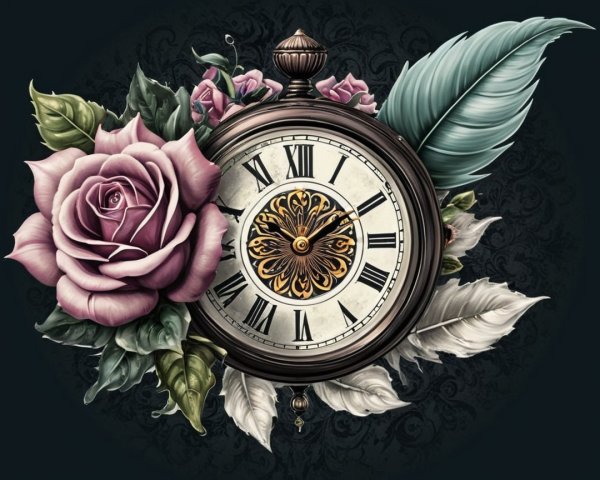 Vintage Pocket Watch with Pink Roses and Green Leaves
