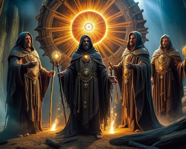 Four Robed Figures in Mystical Dimly Lit Setting
