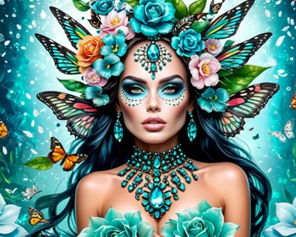 Nature-Inspired Fantasy Figure with Turquoise Flowers
