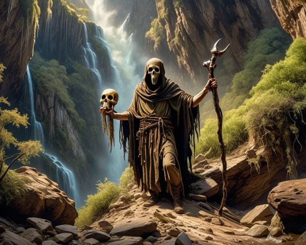 Mysterious Figure in Rocky Landscape with Waterfalls