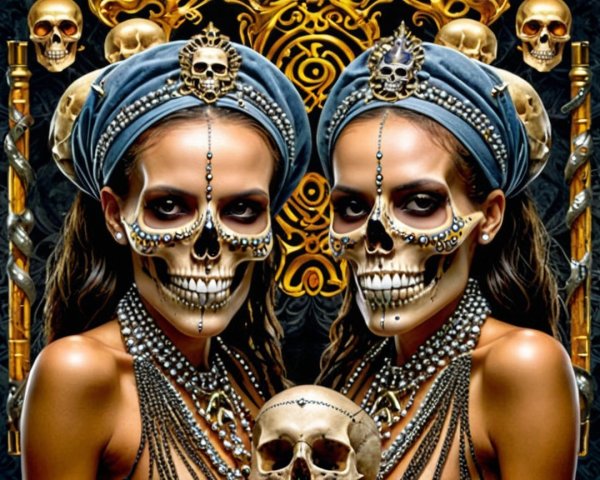 Women with Skull Makeup and Decorative Headdresses