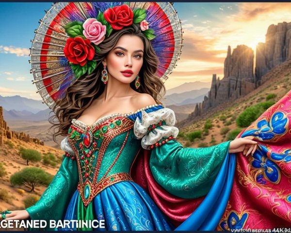 Vibrant Woman in Traditional Gown Against Mountain Backdrop