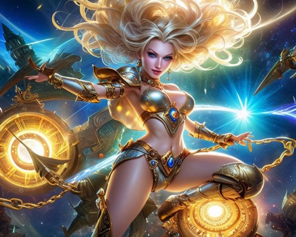Warrior Woman in Golden Armor Against Cosmic Backdrop