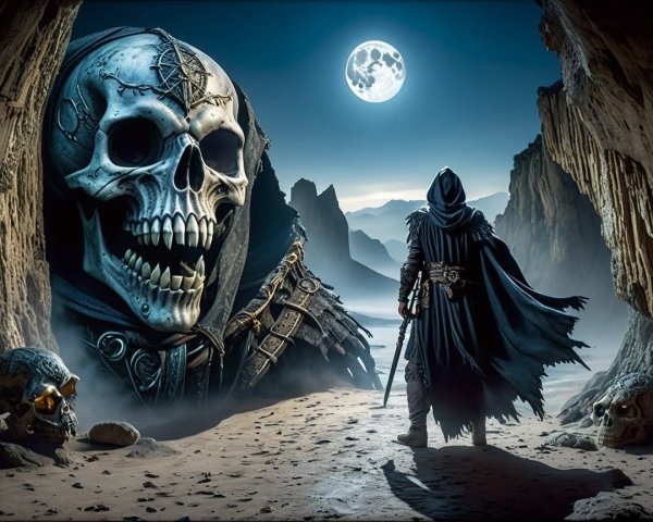 Cloaked Figure on Rocky Shore with Moonlit Skull Scene