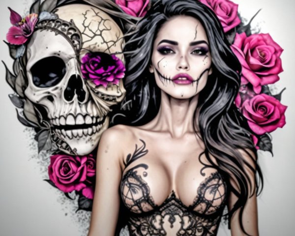 Art Piece of Woman with Skull Design and Roses