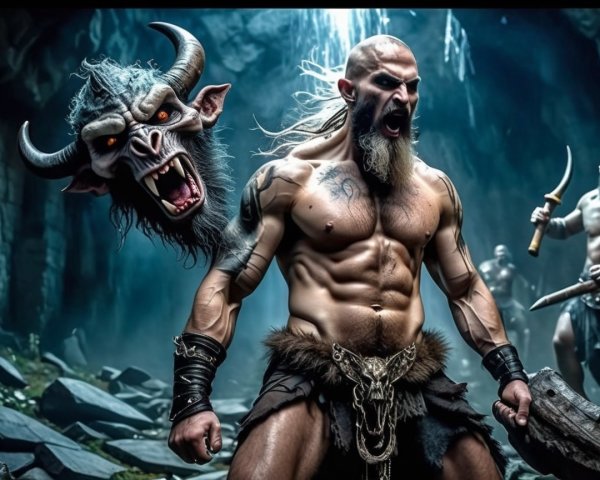 Fierce Warrior in Dark Cavern with Demonic Figure
