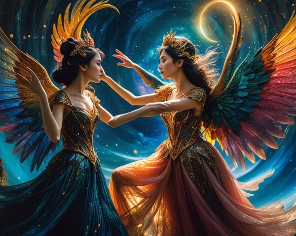Ethereal Women in Cosmic Landscape of Light and Darkness