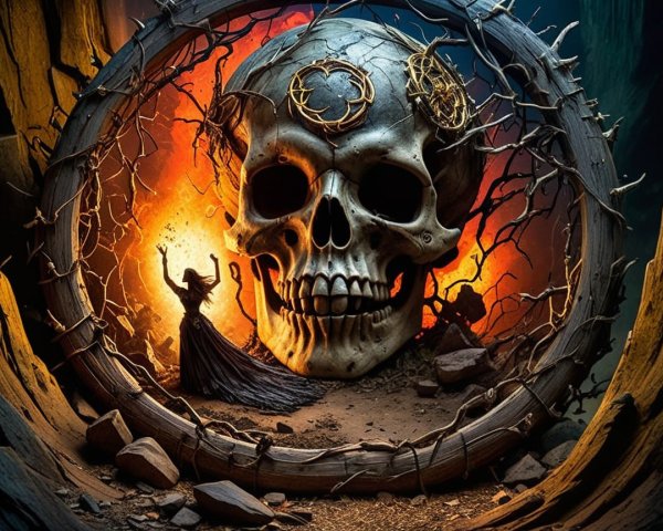 Dramatic Scene of Skull and Cloaked Figure in Darkness