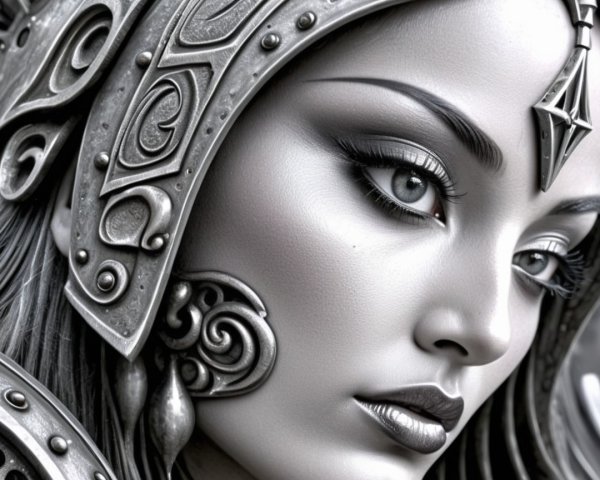 Monochromatic Close-Up of Woman in Metallic Armor