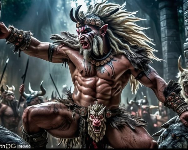 Fierce Warrior in Tribal Armor in Mystical Forest