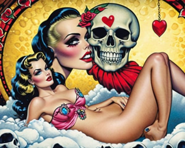Vibrant Pin-Up Illustration with Edgy Skull Elements