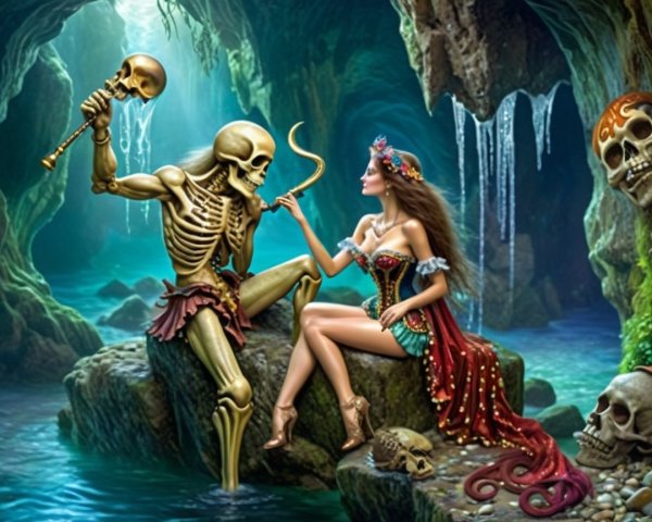 Skeleton and Woman in Enchanted Cave Setting
