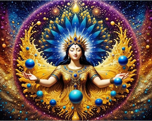 Celestial Figure in Radiant Attire and Cosmic Elements