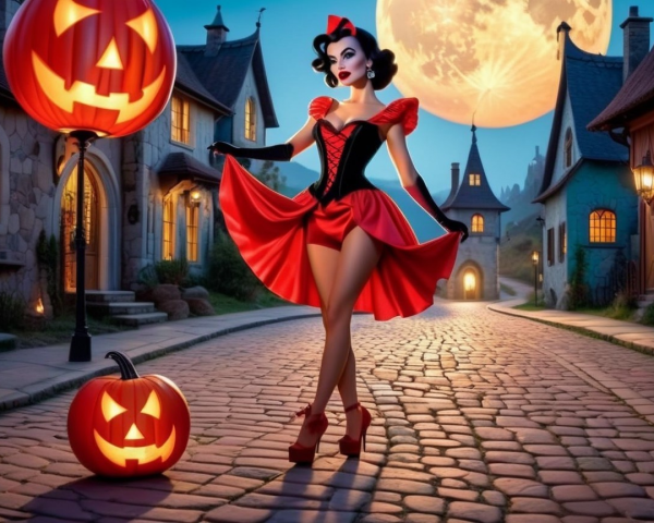 Whimsical Halloween Scene with Glamorous Woman