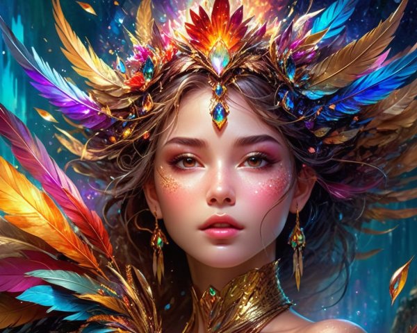 Fantasy Portrait of a Woman with Feather Headdress