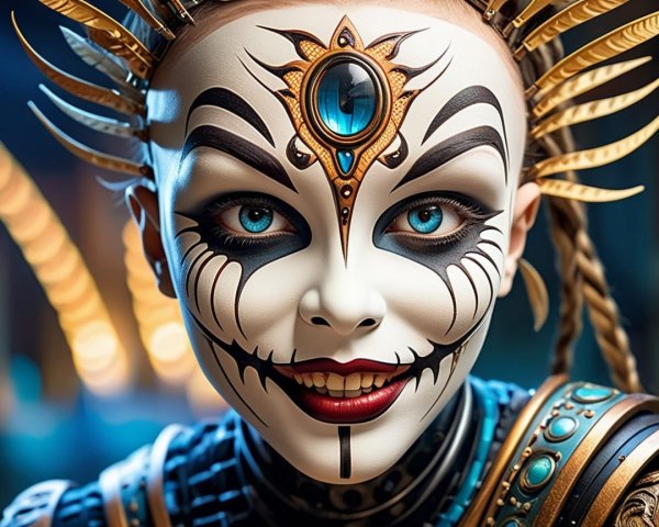 Portrait with Bold Face Paint and Vibrant Blue Eyes