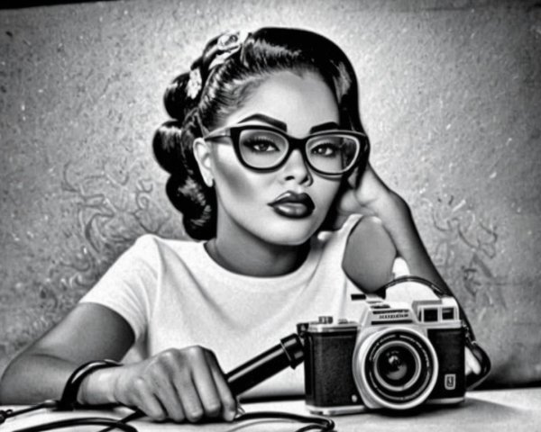 Vintage-Inspired Woman with Camera in Monochrome Setting