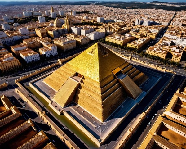 Aerial View of Golden Pyramid in Urban Landscape