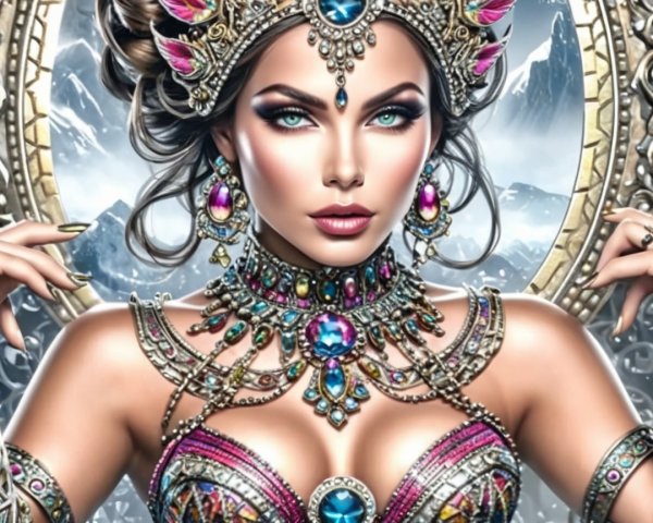 Regal woman in ornate jewelry against mountain backdrop