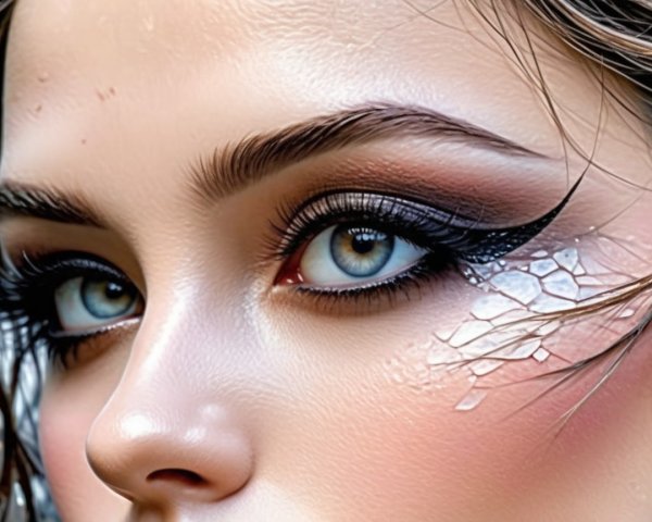 Close-up of a face with blue eyes and unique scales