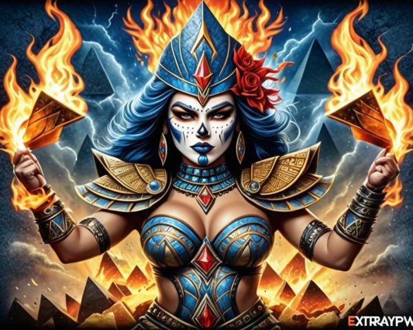 Powerful female figure in colorful ancient armor