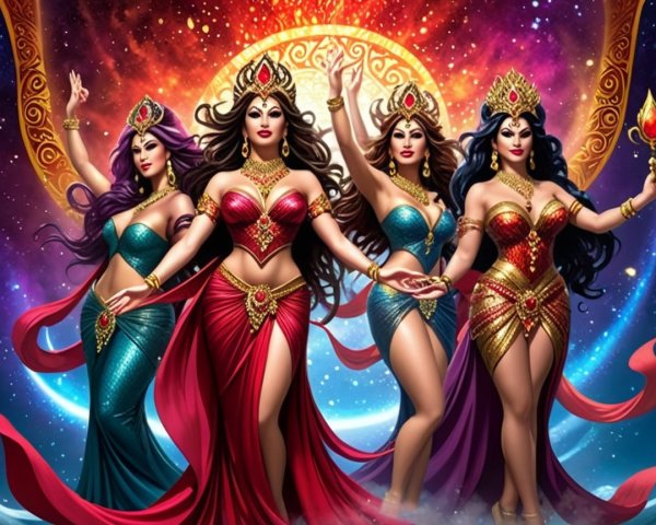 Elegant Women in Vibrant Gowns in Celestial Setting