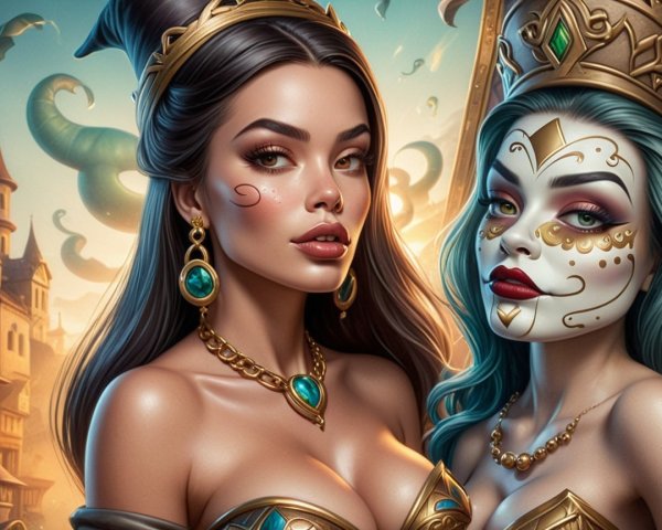 Elegantly Styled Women in Regal Attire and Fantasy Setting