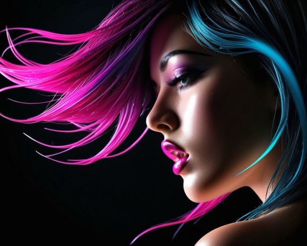 Profile of a Woman with Vibrant Pink and Blue Hair