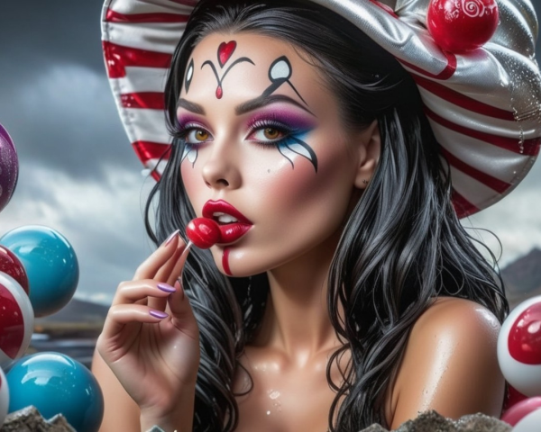 Close-up of a woman in clown makeup with lollipop