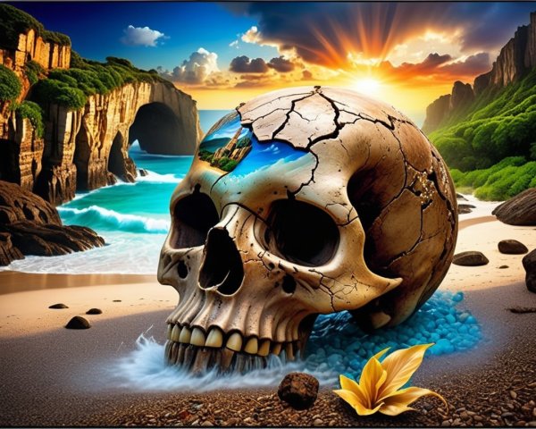 Cracked Skull on Beach with Surreal Landscape Reflection
