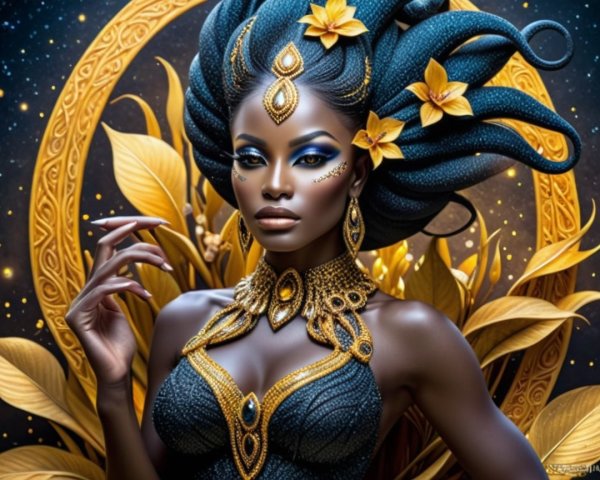 Young Woman with Braids in Cosmic Setting and Jewelry