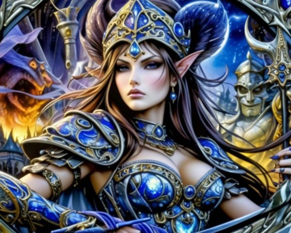 Fantasy Warrior in Ornate Armor with Dragon and Golem