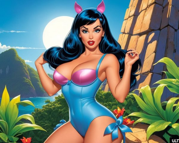 Cartoonish Woman in Vibrant Swimsuit Amid Tropical Scene