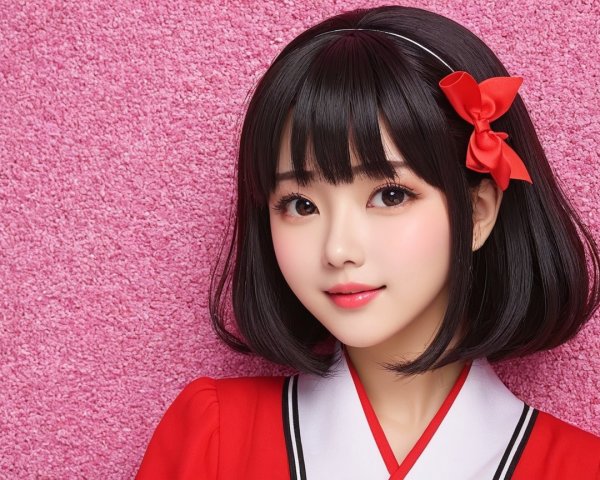 Young girl in red outfit with playful smile on pink